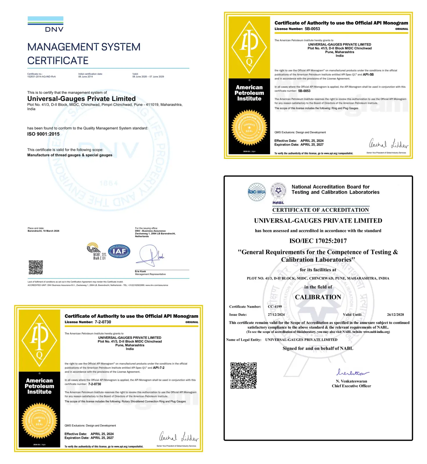 Certyfikaty Universal Gauges: ISO 9001, ISO/IEC 17025, API 5B i API 7-2